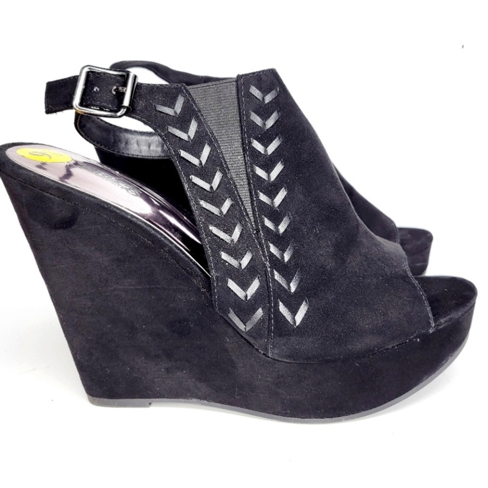 Carlos Santana Britt Black Suede Sling Back Wedge Peep Toe Sandal, size 8.5